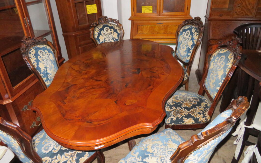 Stůl barokní + 6 židlí modrých
